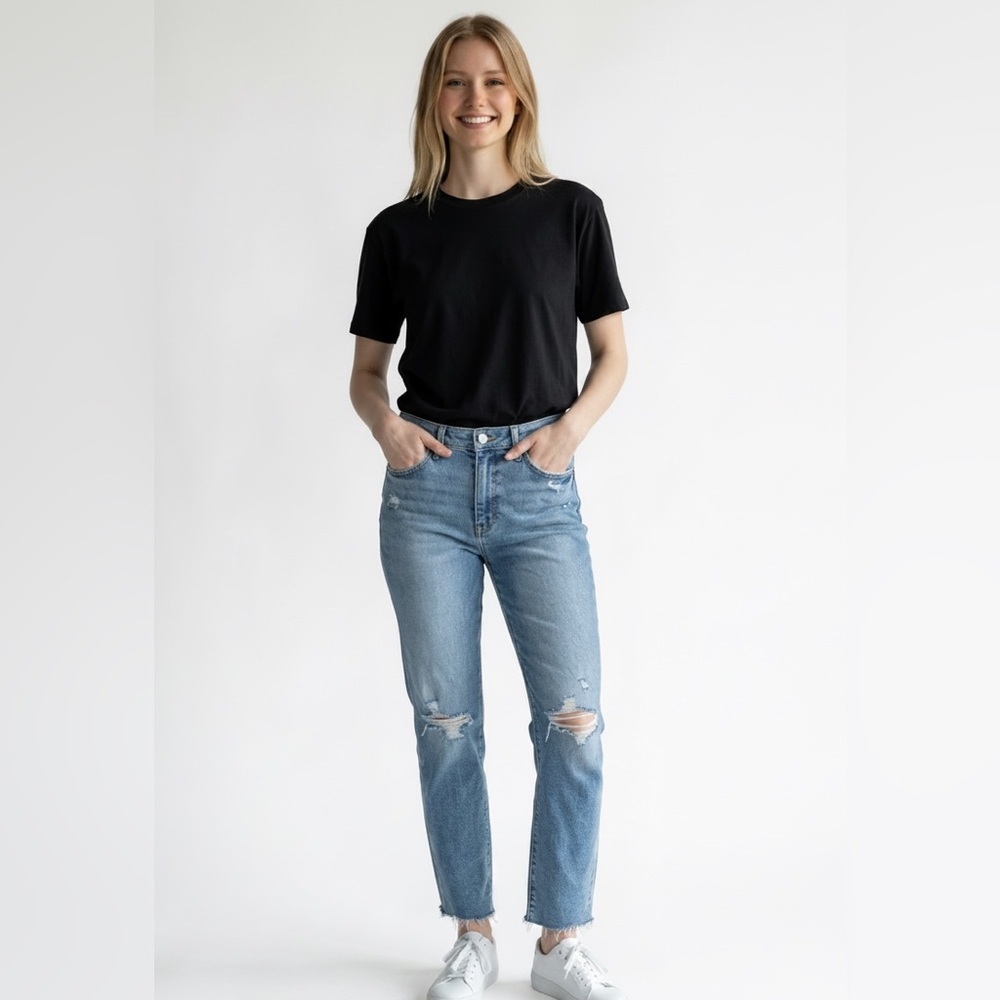 Daze Denim Straight Up High Rise Distressed Straight Leg Raw Hem Size 30P